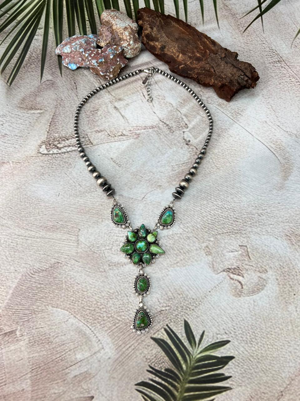 Handmade Sterling Silver Sonoran Mountain Turquoise Beaded Necklace with Signed Nizhoni