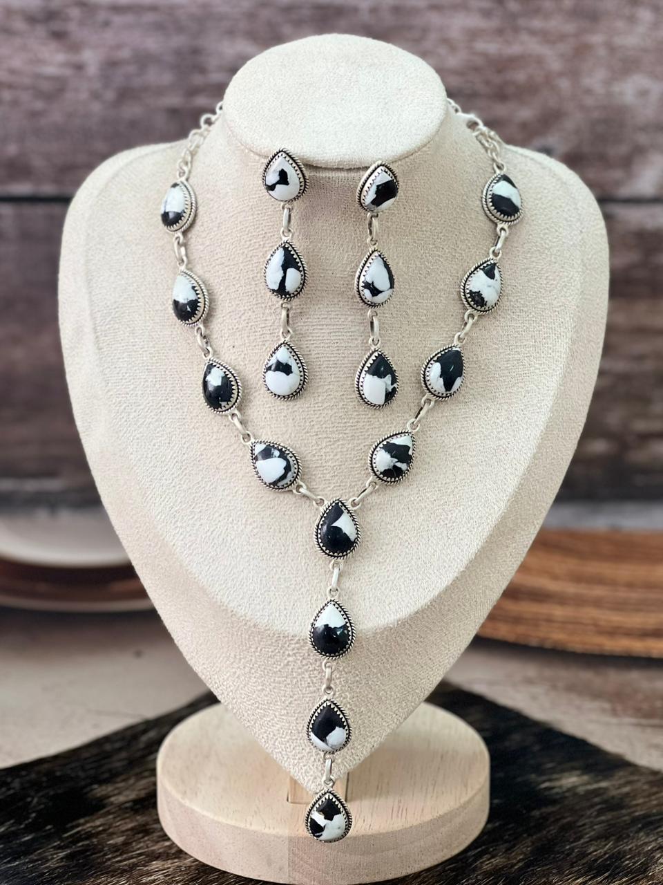 Handmade Sterling Silver White Buffalo Necklace Earrings Set "Signed Nizhoni"