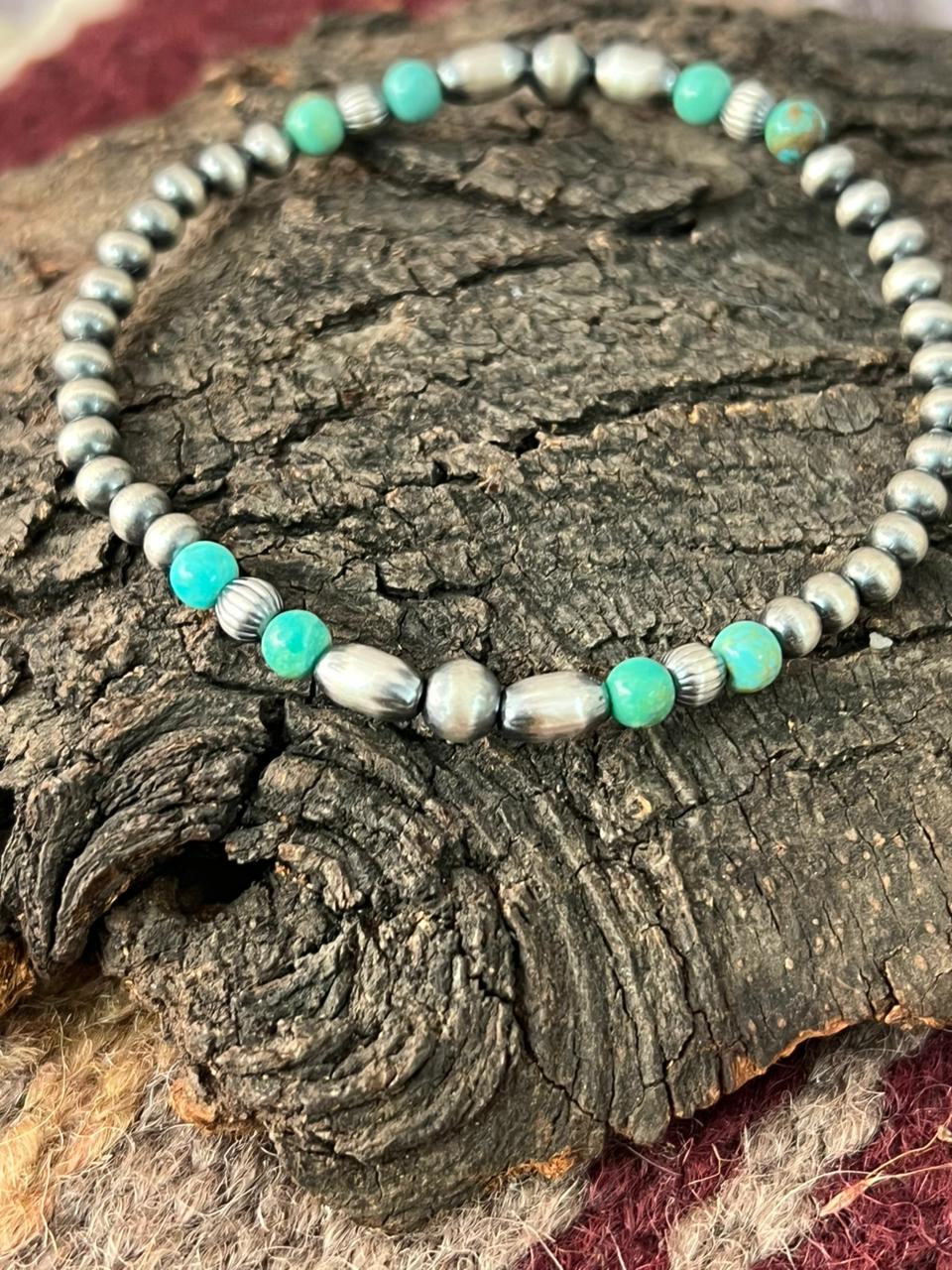 Handmade Sterling Silver Kingman Turquoise Beaded Stretch Bracelet