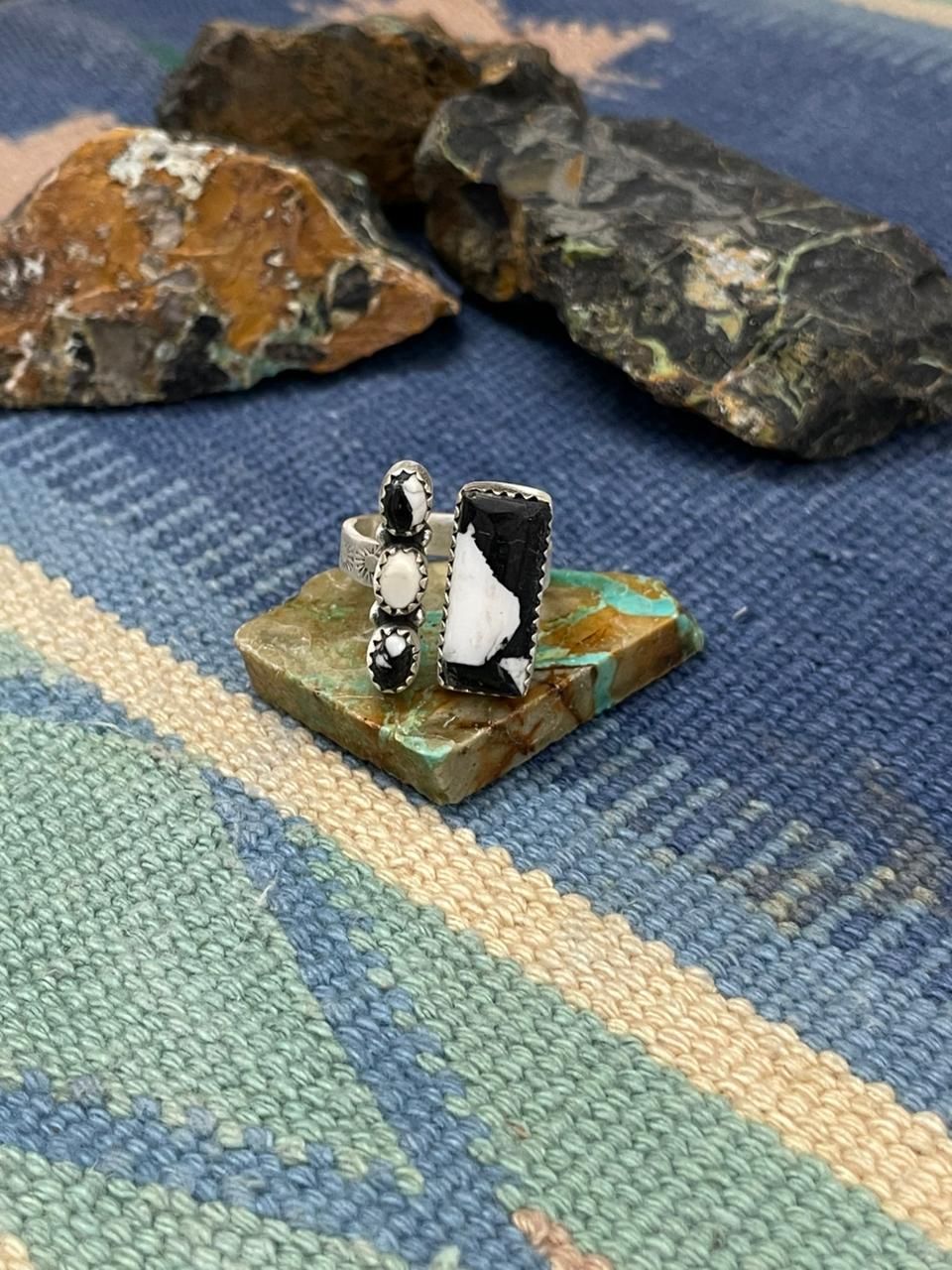 Handmade Sterling Silver White Buffalo Turquoise Adjustable Ring " Signed Nizhoni"