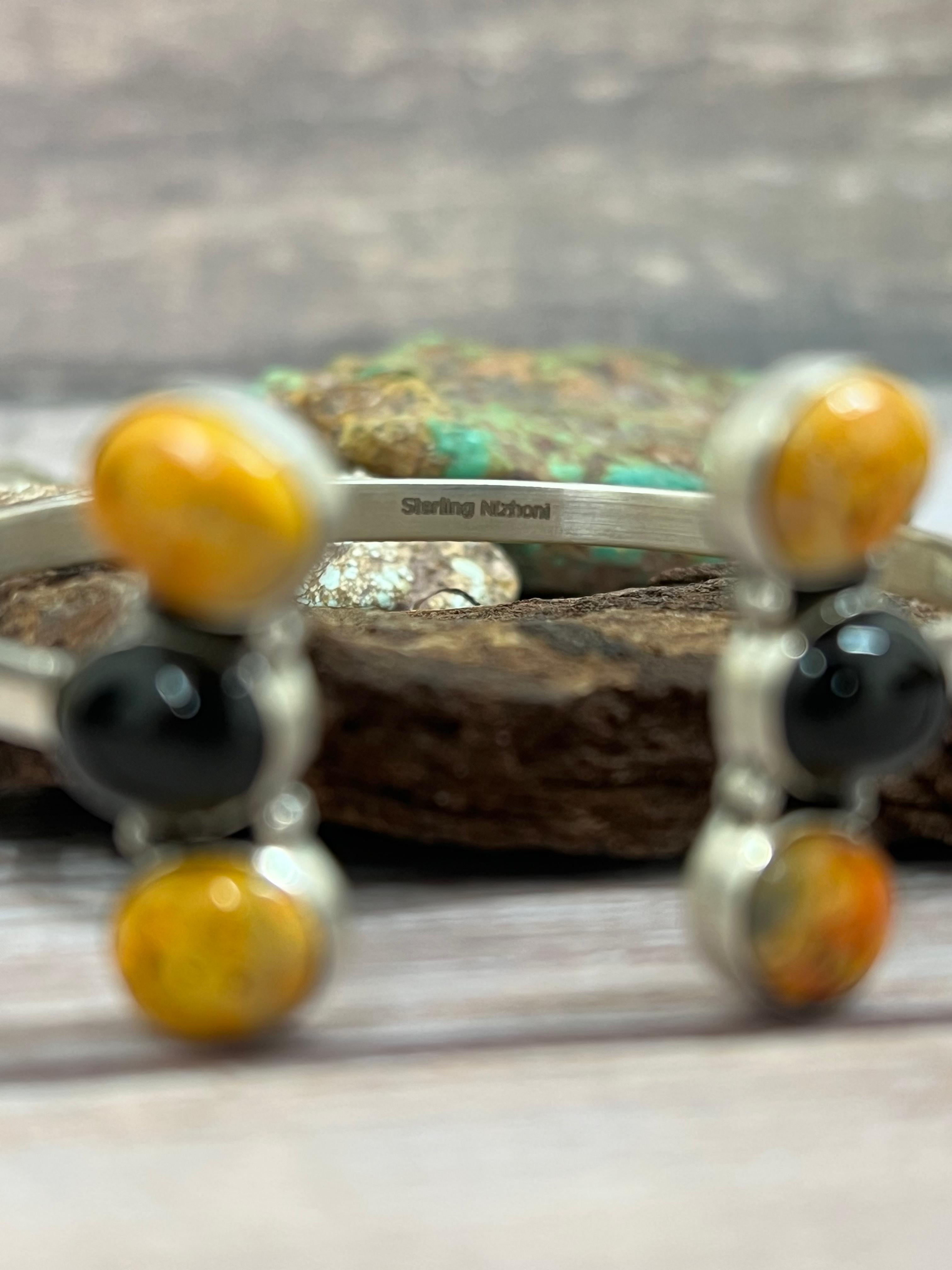 "Halloween Collection" Handmade Sterling Silver Black Onyx, Bumblebee Cuff Bracelet with Signed Nizhoni