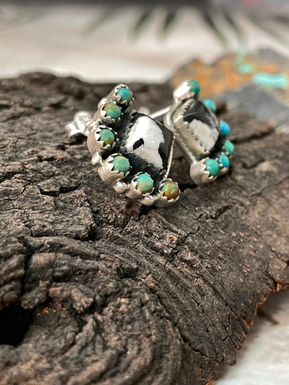 Handmade Sterling Silver White Buffalo with Kingman Turquoise Studs Post Earrings "Signed Nizhoni"