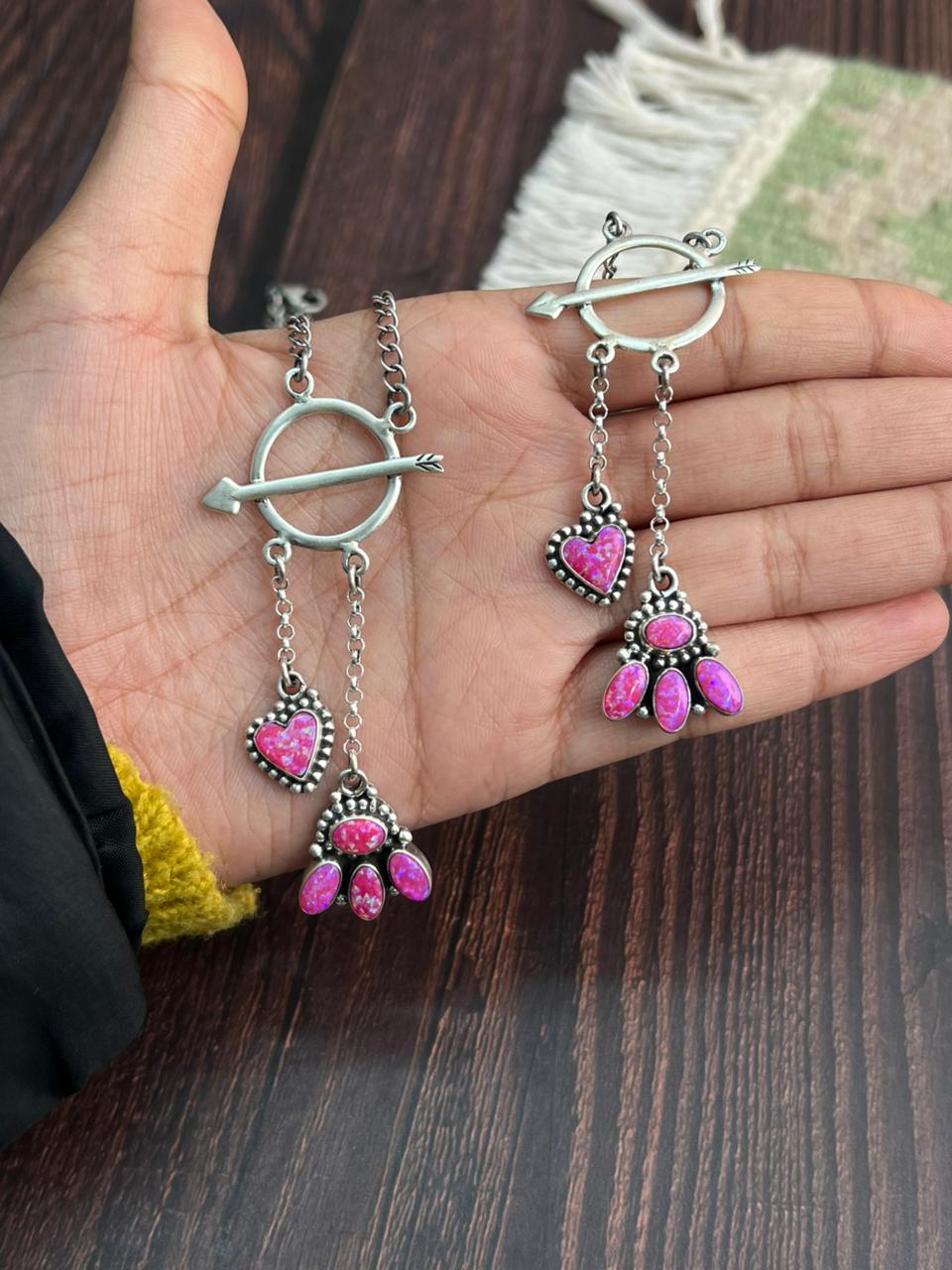 "Heart Collection" Handmade Sterling Silver Hot Pink Lariat Necklace "Signed Nizhoni"