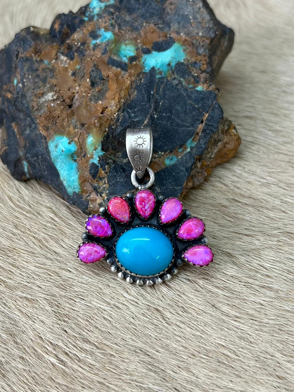 Handmade Sterling Silver Arizona Blue Turquoise with Hot Pink Pendant "Signed Nizhoni"