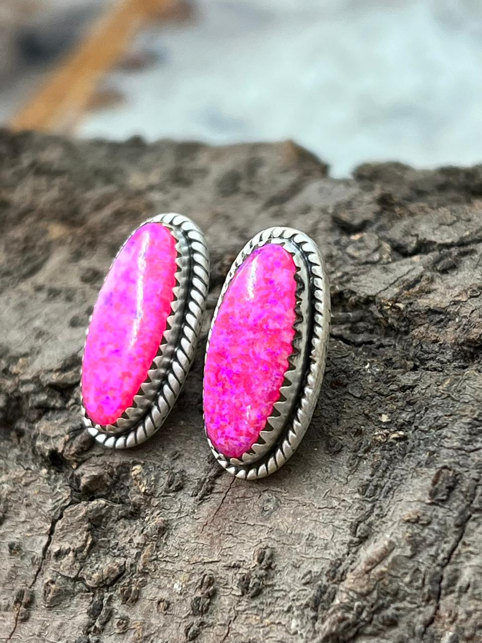 Handmade Sterling Silver Hot Pink Post Studs Earrings "Signed Nizhoni"