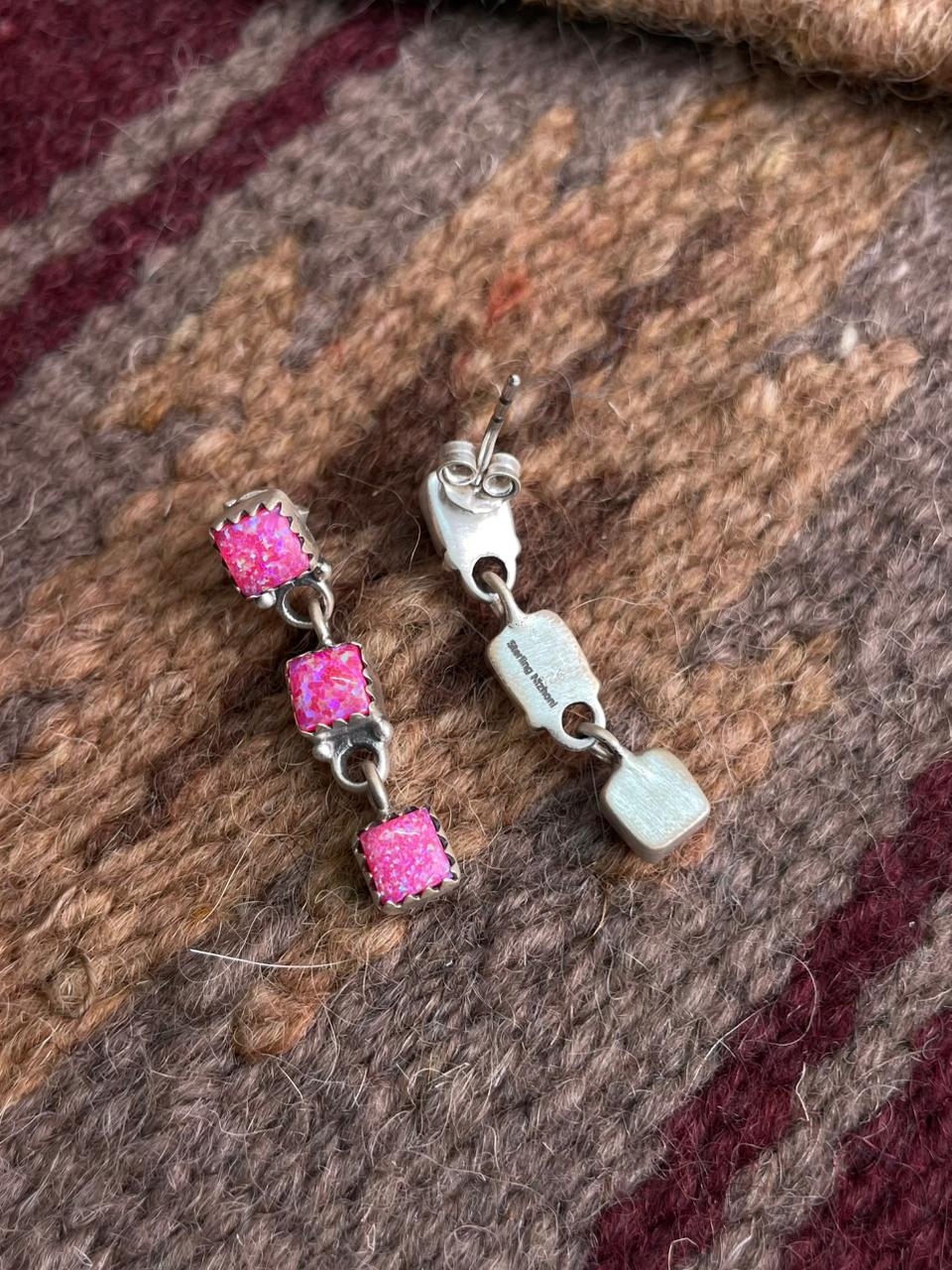 Handmade Sterling Silver Hot Pink Post Dangle Earrings "Signed Nizhoni"