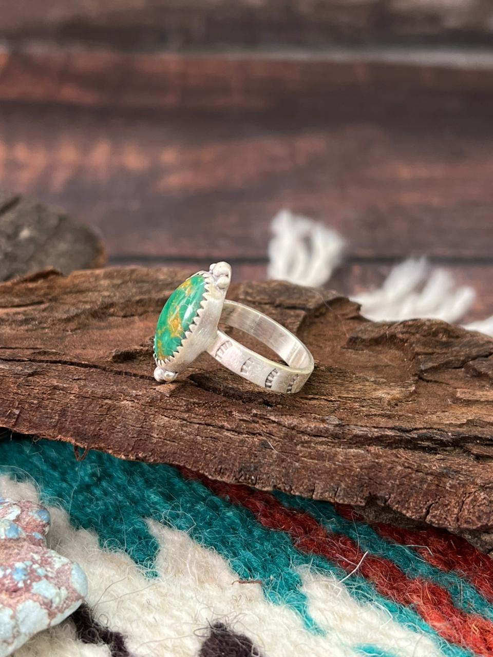 Handmade Sterling Silver Emerald Valley Turquoise Adjustable Ring " Signed Nizhoni" (7)