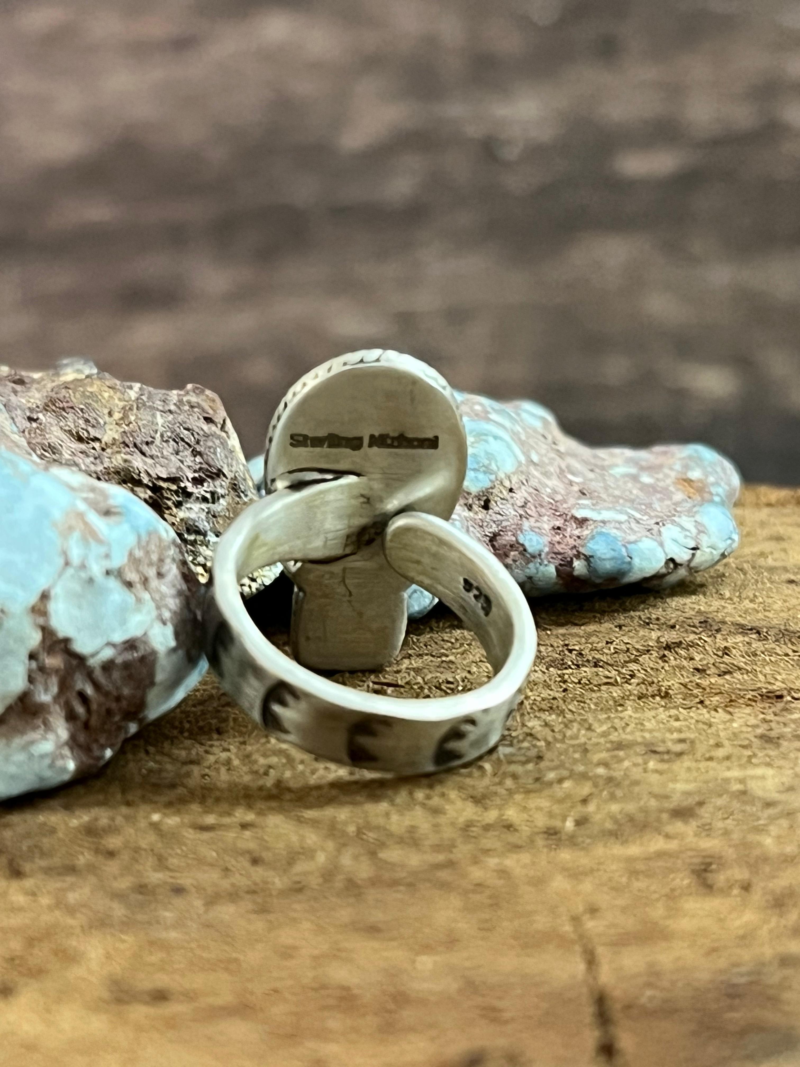 Handmade Sterling Silver White Buffalo Adjustable Ring, Signed Nizhoni