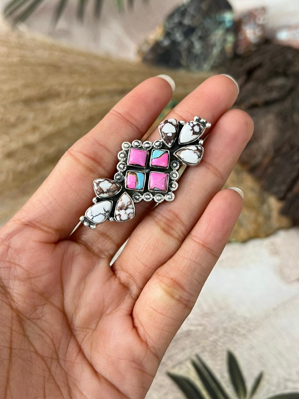 Handmade Sterling Silver Cotton Candy with Wild horse Magnesite Adjustable Ring "Signed Nizhoni"