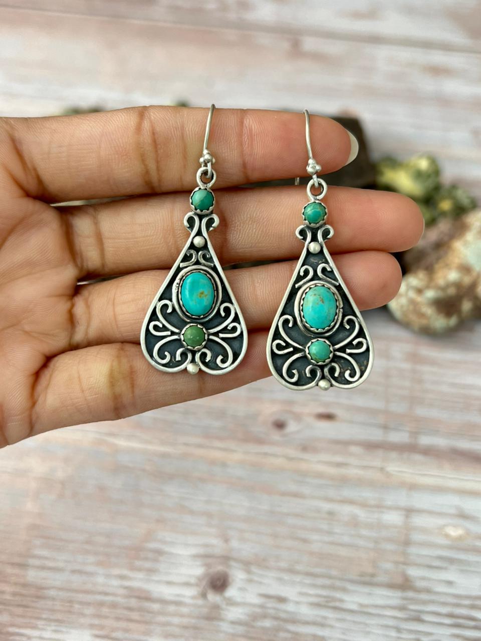 Handmade Sterling Silver Kingman Turquoise Hook Dangle Earrings with Signed Nizhoni
