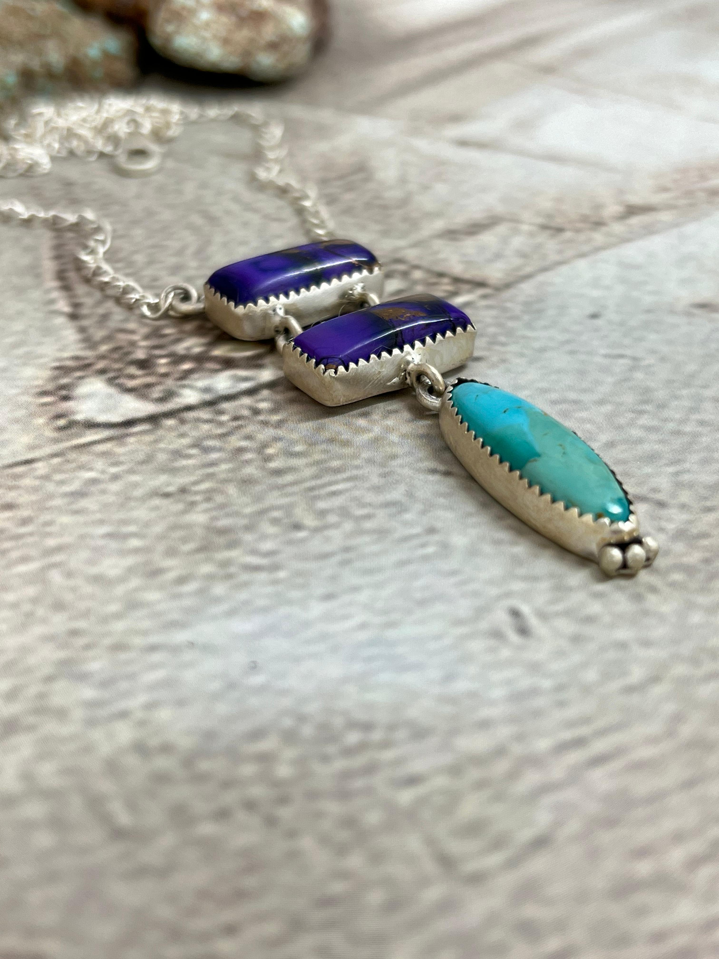 Handmade Sterling Silver Grape Dahlia Kingman Turquoise Necklace with Signed Nizhoni