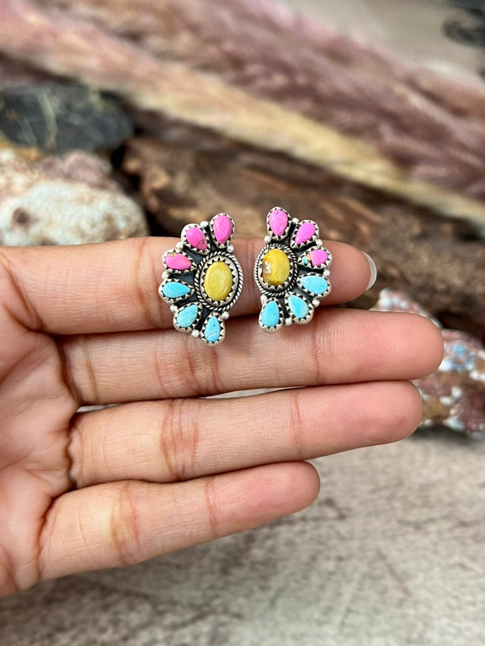 Handmade Sterling Silver Cotton Candy with Palomino Post Earrings "Signed Nizhoni"