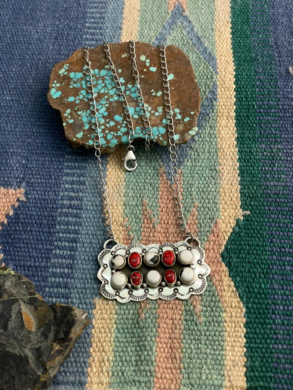 Handmade Sterling Silver White Buffalo with Red Opal Necklace "Signed Nizhoni"