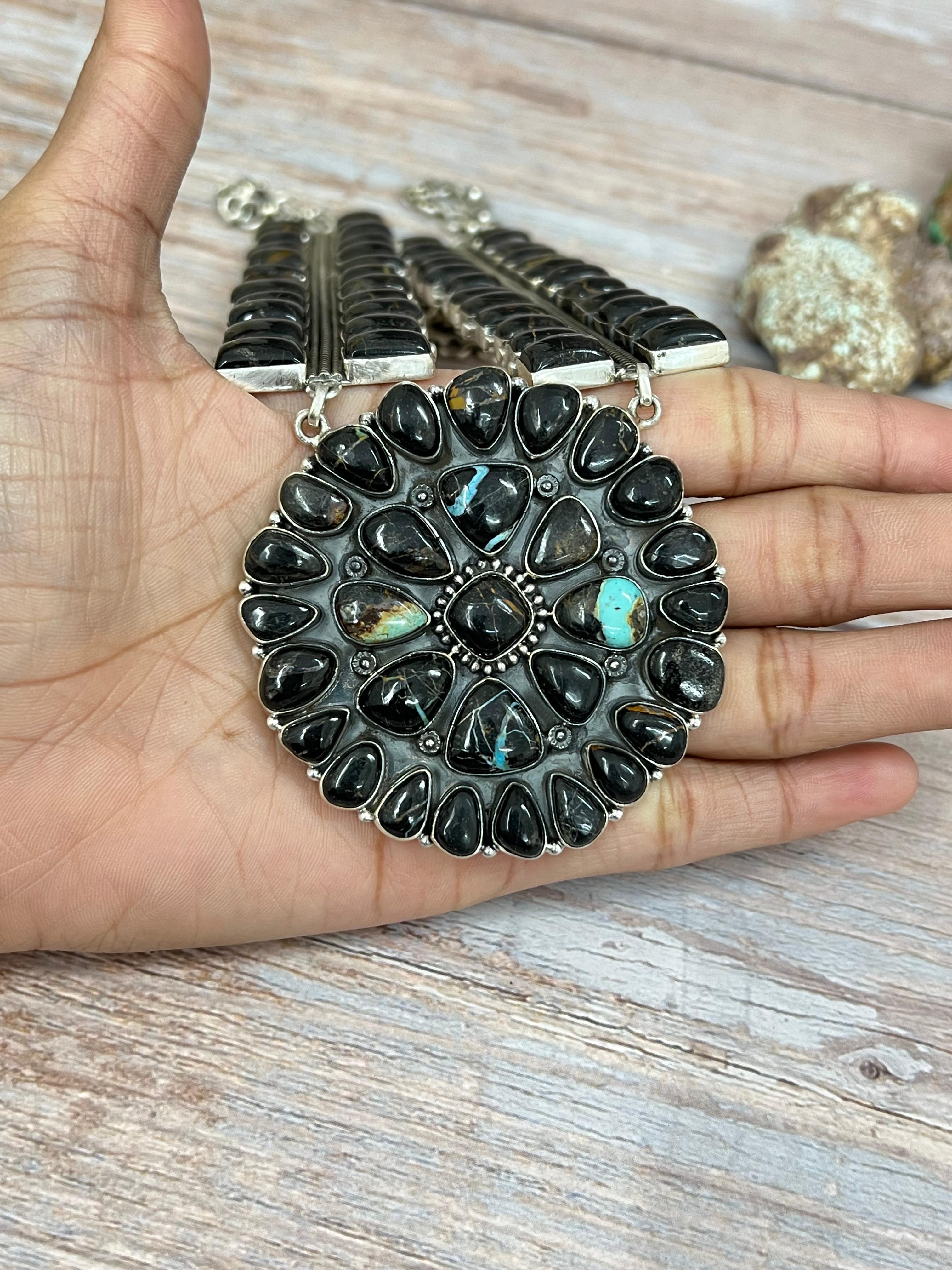 Handmade Sterling Silver Blackjack Turquoise Necklace with Signed Nizhoni