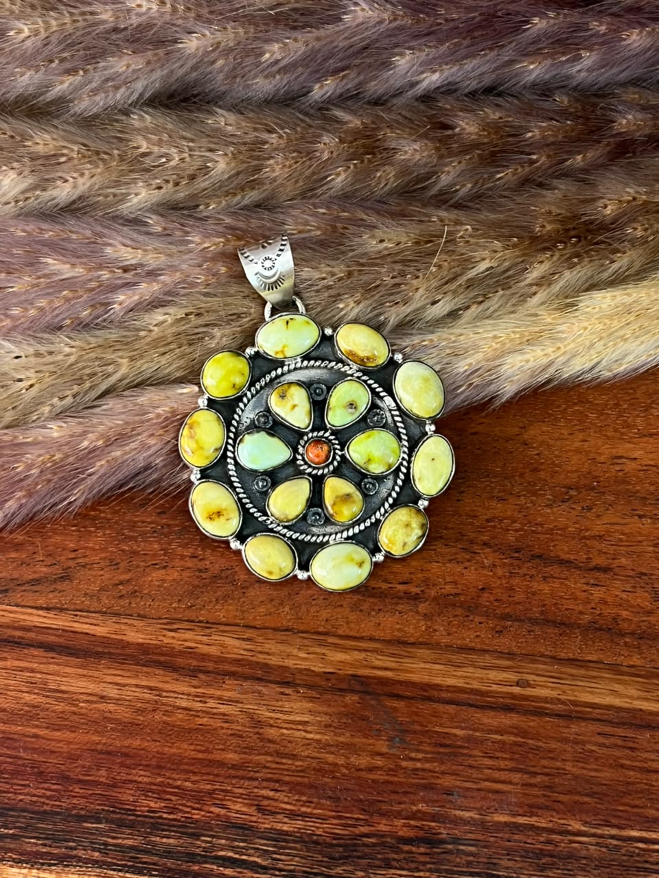 Handmade Sterling Silver Palomino Turquoise with Orange Mojave Pendant Signed Nizhoni