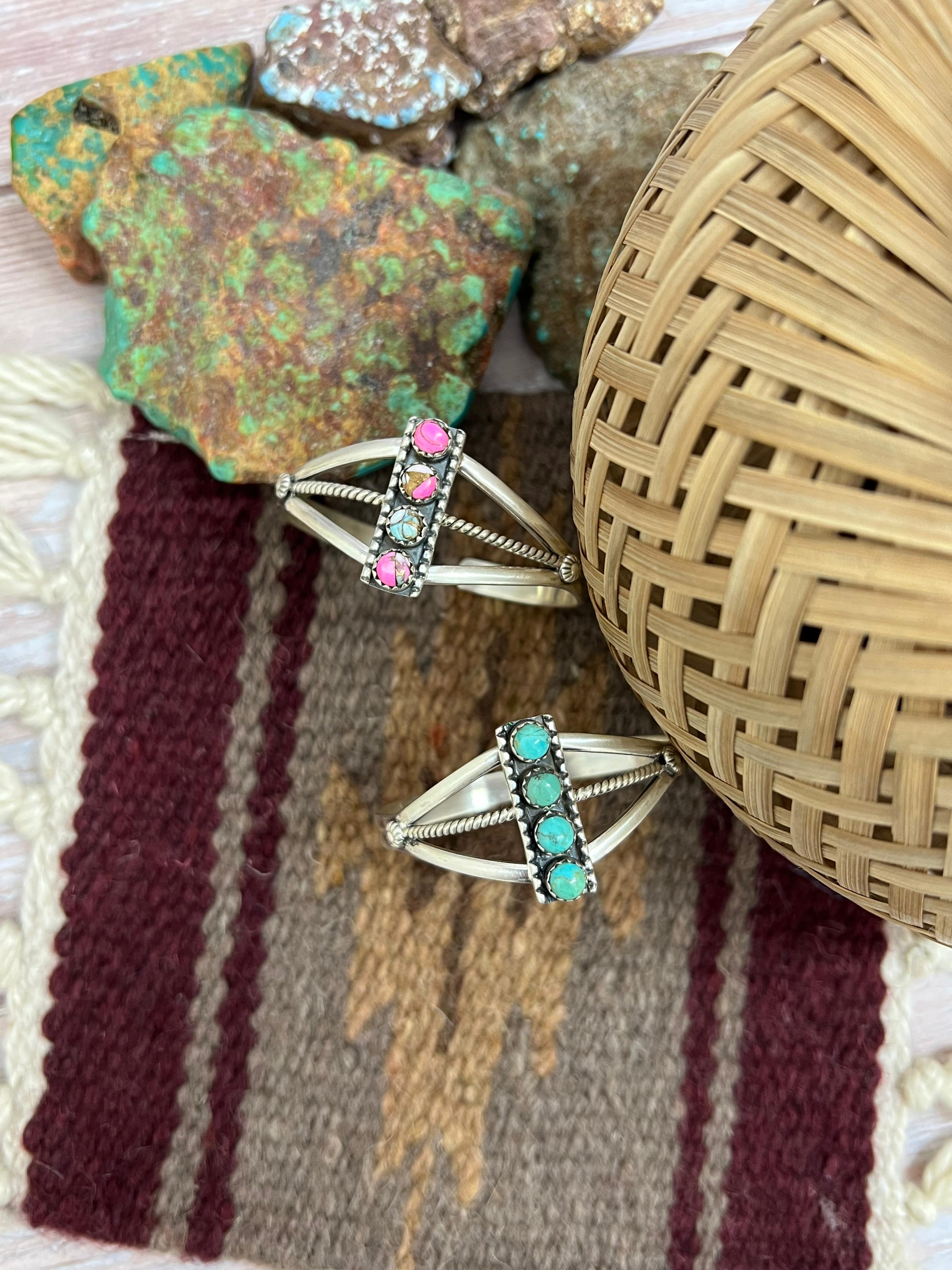 Handmade Sterling Silver Cotton Candy, Kingman Turquoise Cuff Bracelet with Signed Nizhoni