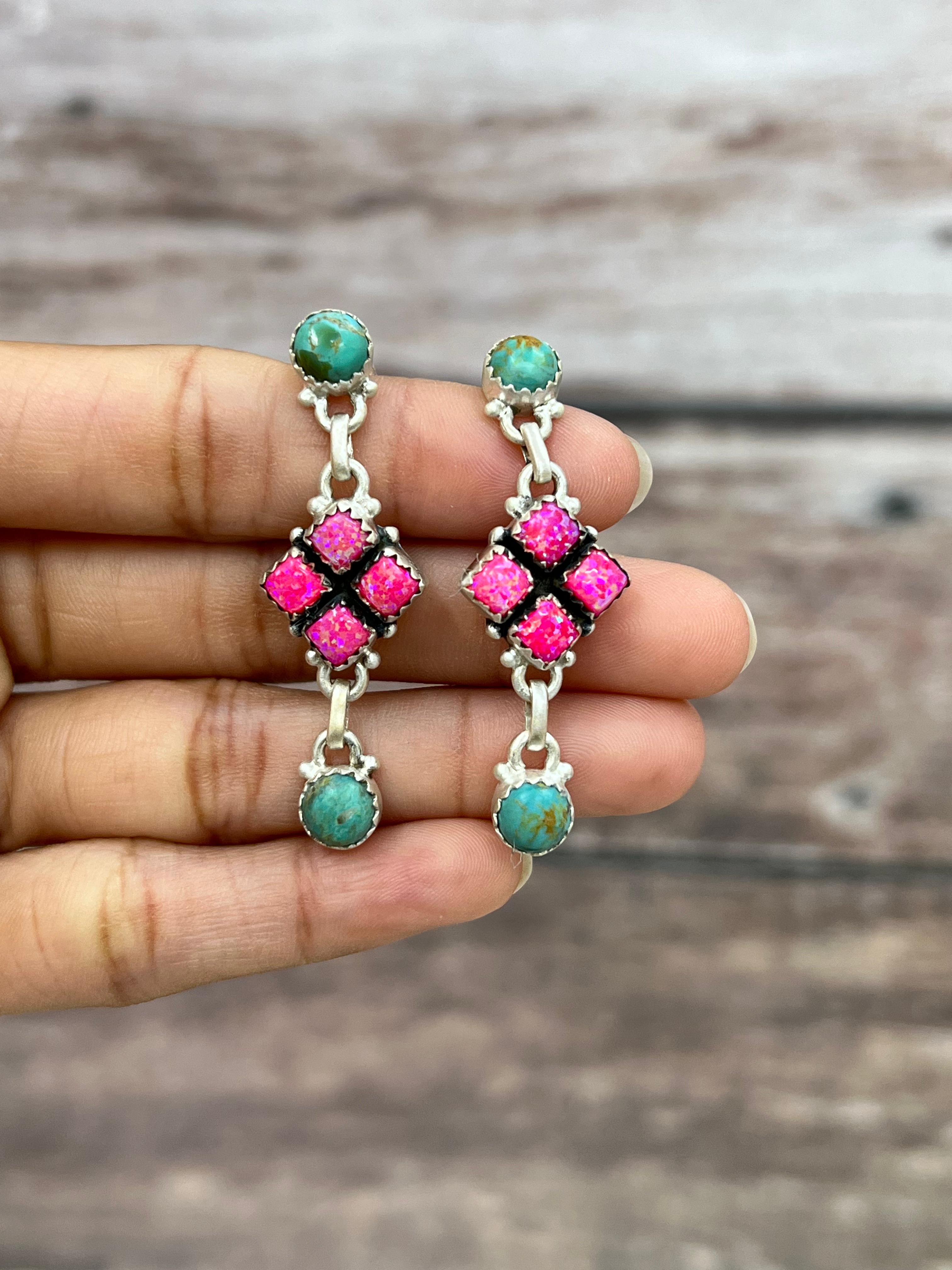 Handmade Sterling Silver Hot Pink with Kingman Turquoise Post Dangle Earrings, Signed Nizhoni (5)