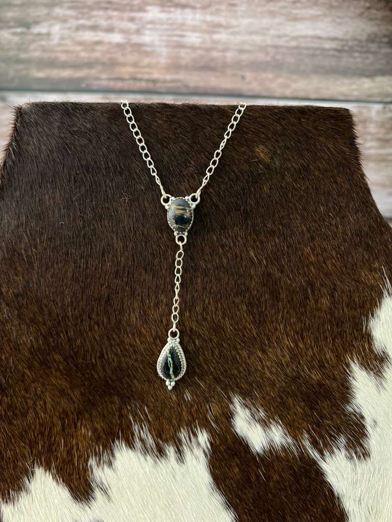 Handmade Sterling Silver Blackjack Turquoise Lariat Necklace with Signed Nizhoni