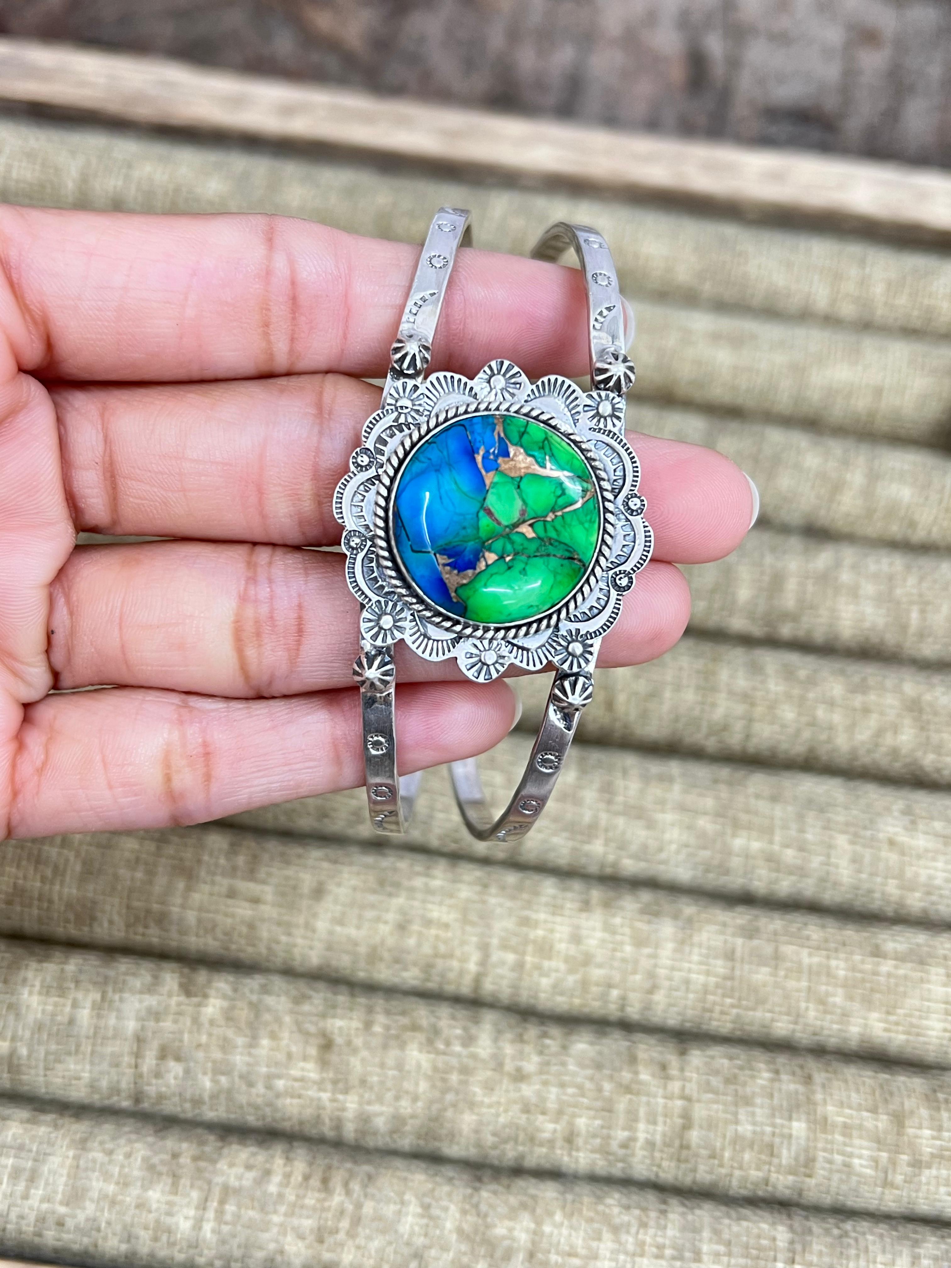 Handmade Sterling Silver Peacock Dahlia Cuff Bracelet with Signed Nizhoni