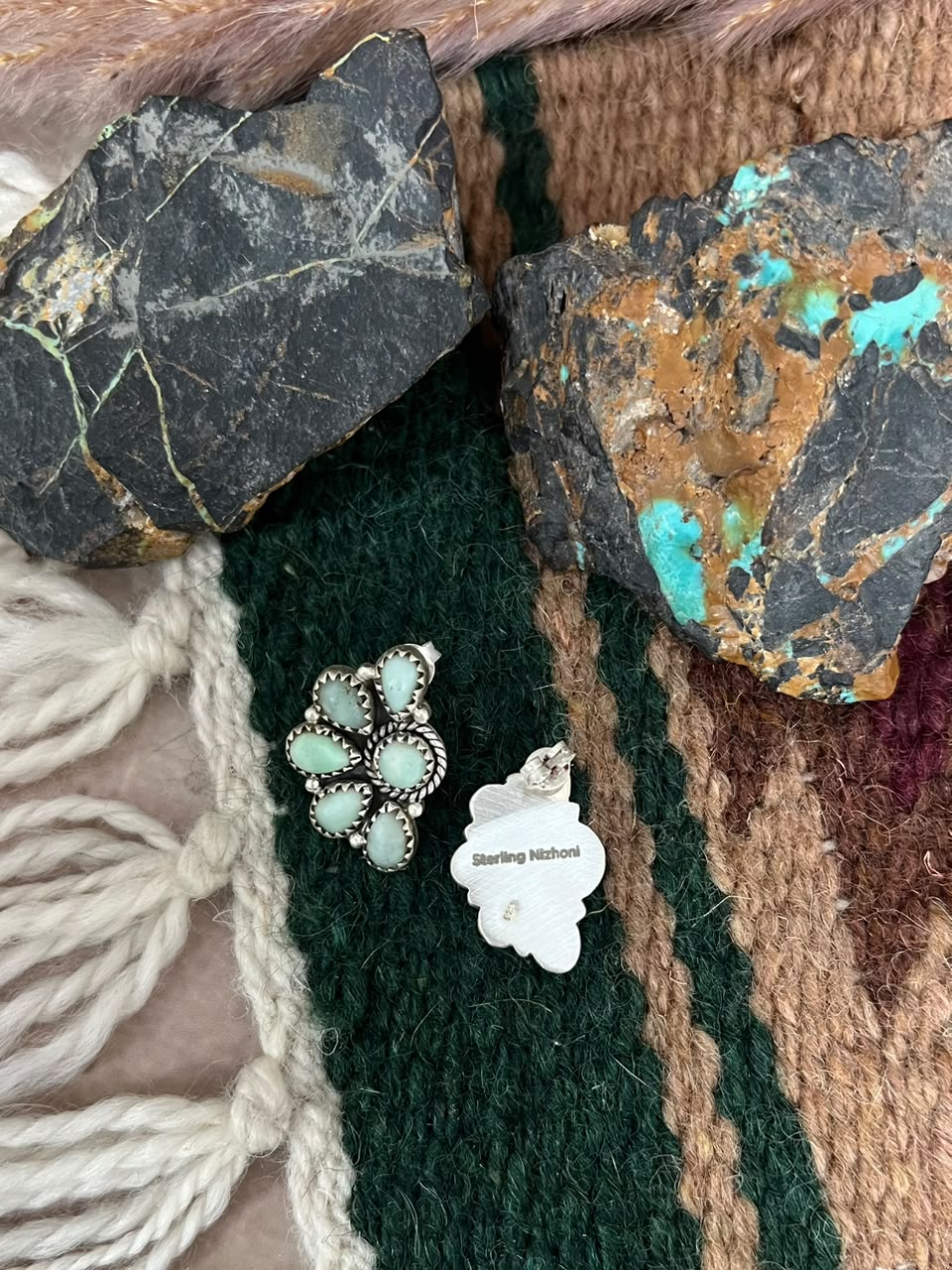 Handmade Sterling Silver Paloma Turquoise Post Studs Earrings Signed Nizhoni