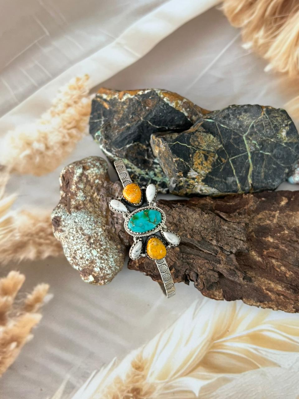 Handmade Sterling Silver Spring Collection: Bumblebee with Sonoran and White Buffalo Bracelet "Signed Nizhoni"