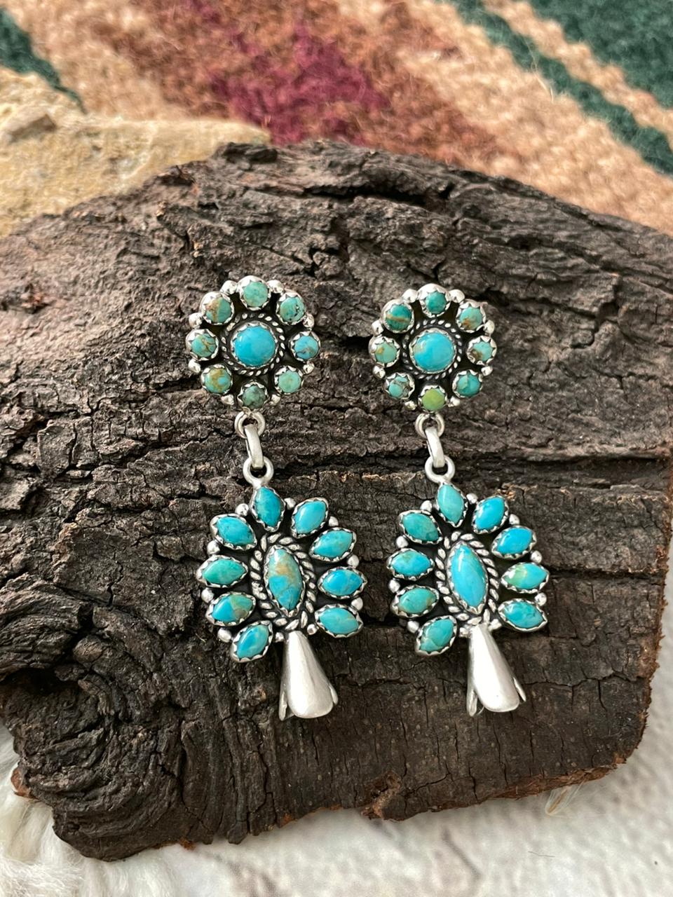 Handmade Sterling Silver Kingaman Turquoise Post Dangle Earrings "Signed Nizhoni"