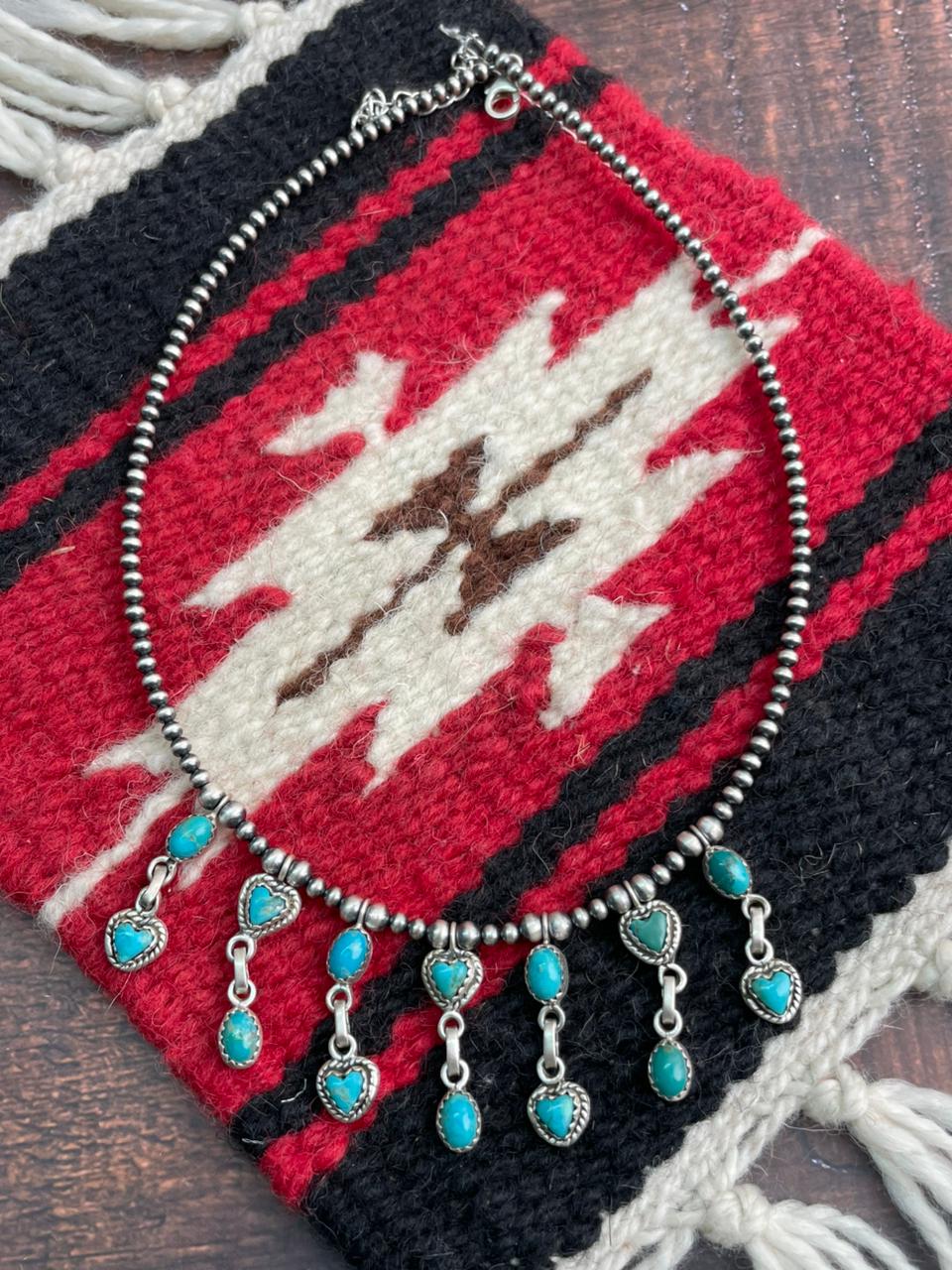 Handmade Sterling Silver Kingman Turquoise Bedaed Necklace "Signed Nizhoni"