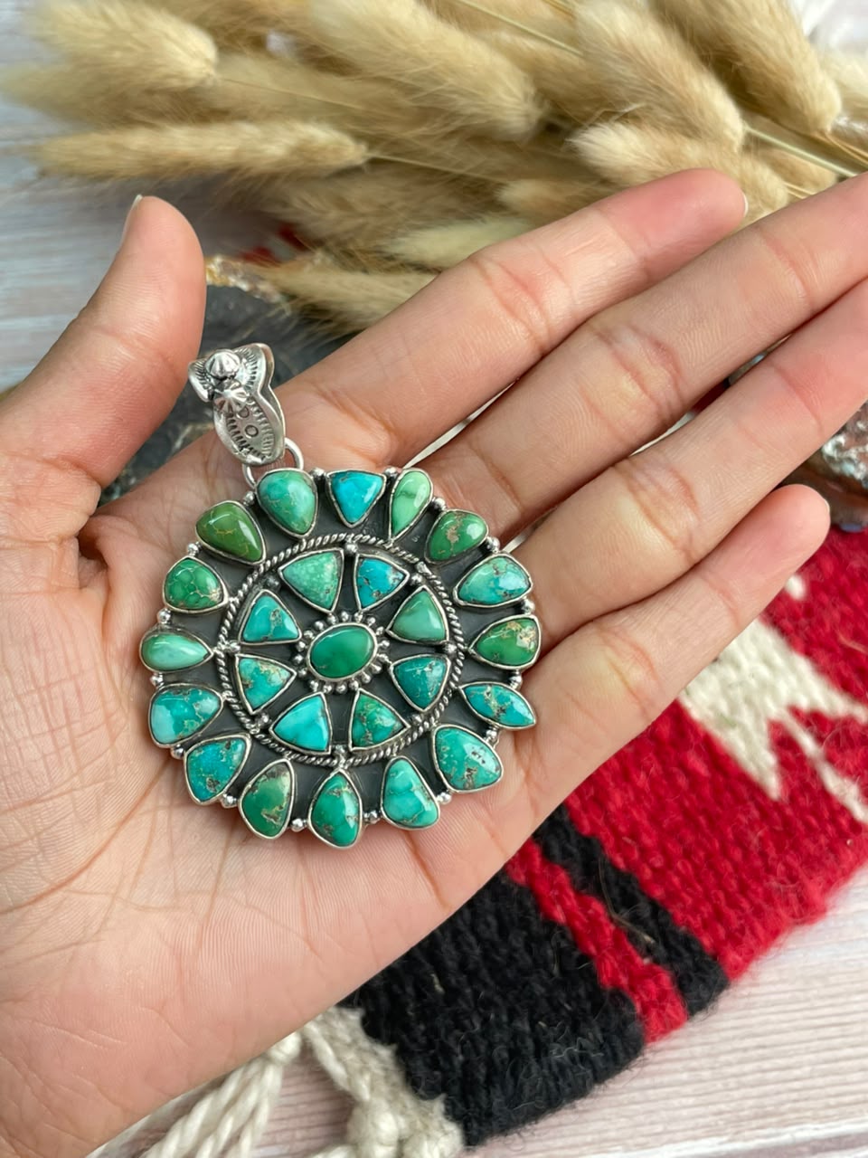 Handmade Sterling Silver Emerald Valley Turquoise Collection: Pendant Signed Nizhoni