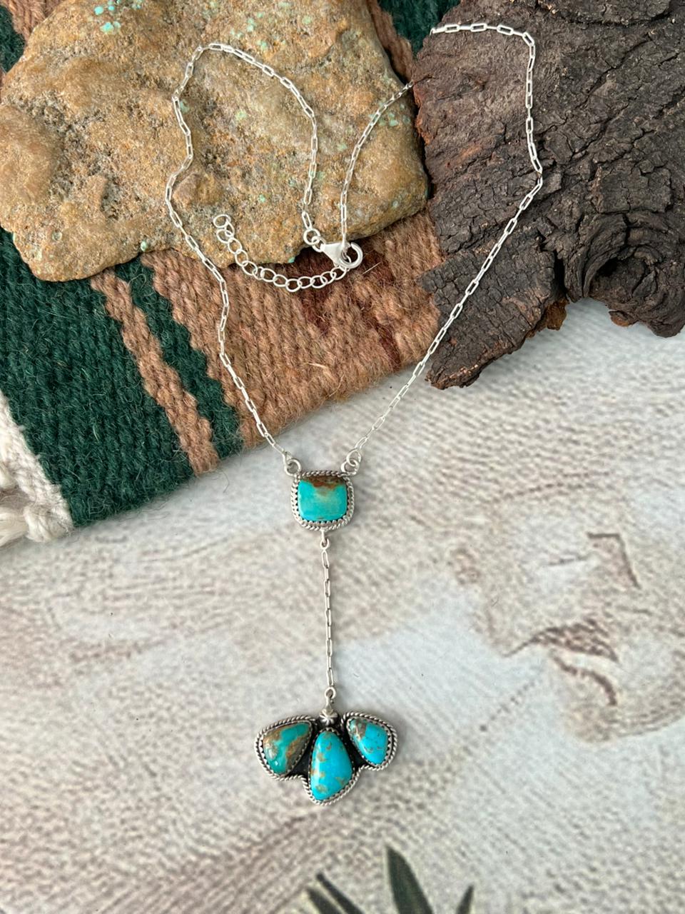 Handmade Sterling Silver Santa Maria Turquoise Lariat Necklace "Signed Nizhoni"
