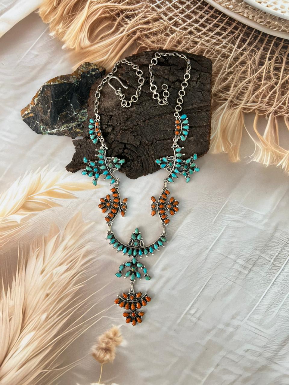 Handmade Sterling Silver Kingman Turquoise with Orange Mojave Necklace "Signed Nizhoni"