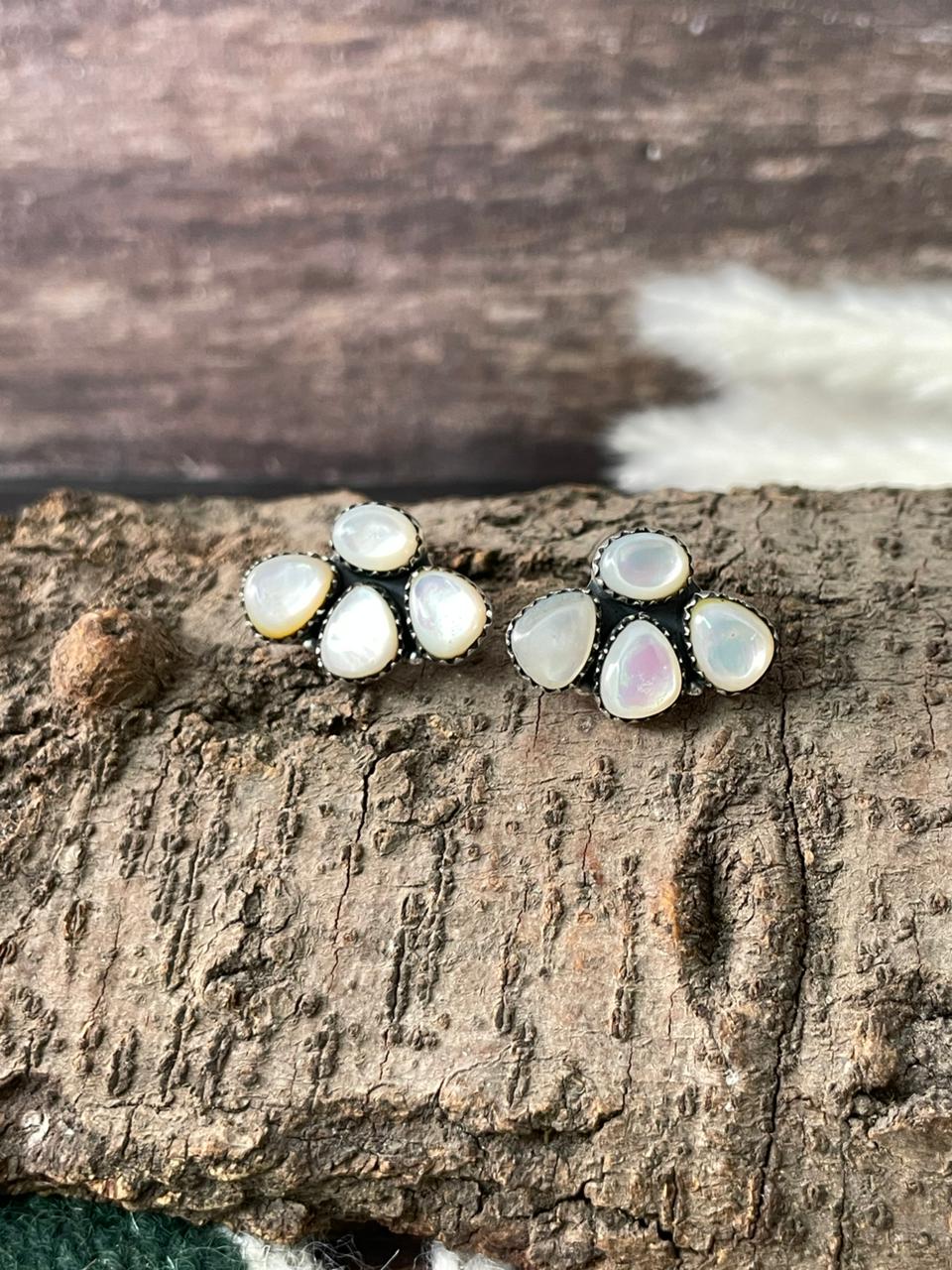 Handmade Sterling Silver Wedding Collection: Mother of Pearl Post Studs Earrings "Signed Nizhoni"
