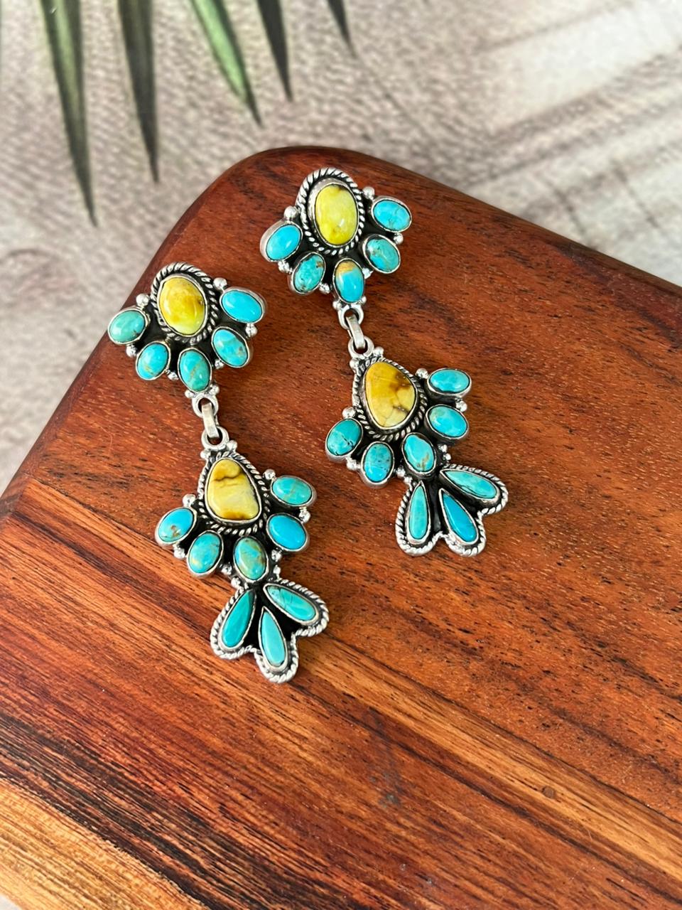 Handmade Sterling Silver Palomino with Kingman Turquoise Post Dangle Earrings "Signed Nizhoni"