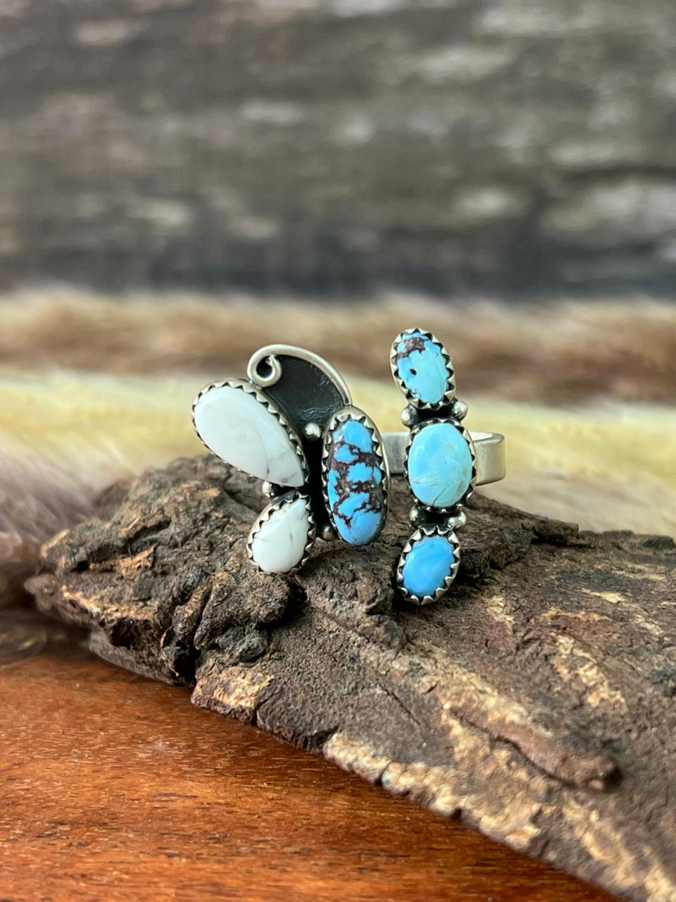 Handmade Sterling Silver Canyon Sunset Collection: Golden Hills Turquoise with White Buffalo Adjustable Ring "Signed Nizhoni"