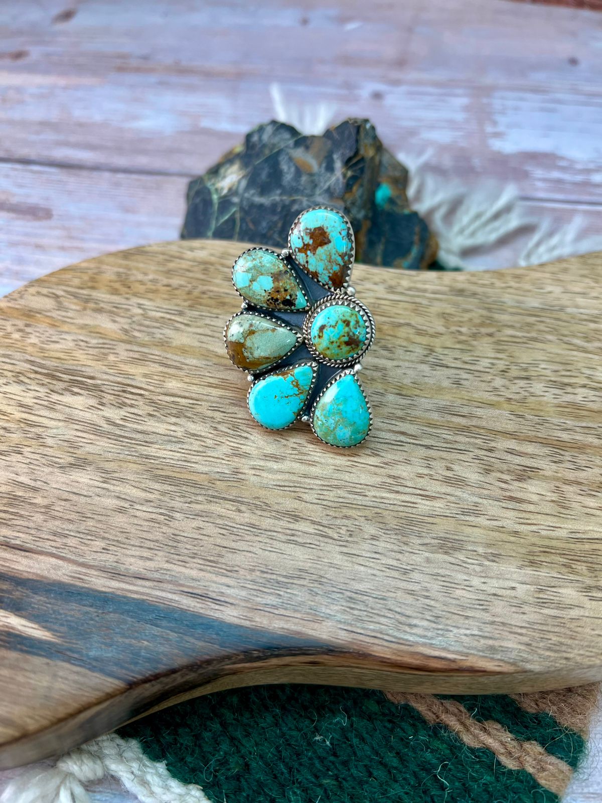 Handmade Sterling Silver Baja Turquoise Collection: Adjustable Ring "Signed Nizhoni" (7)