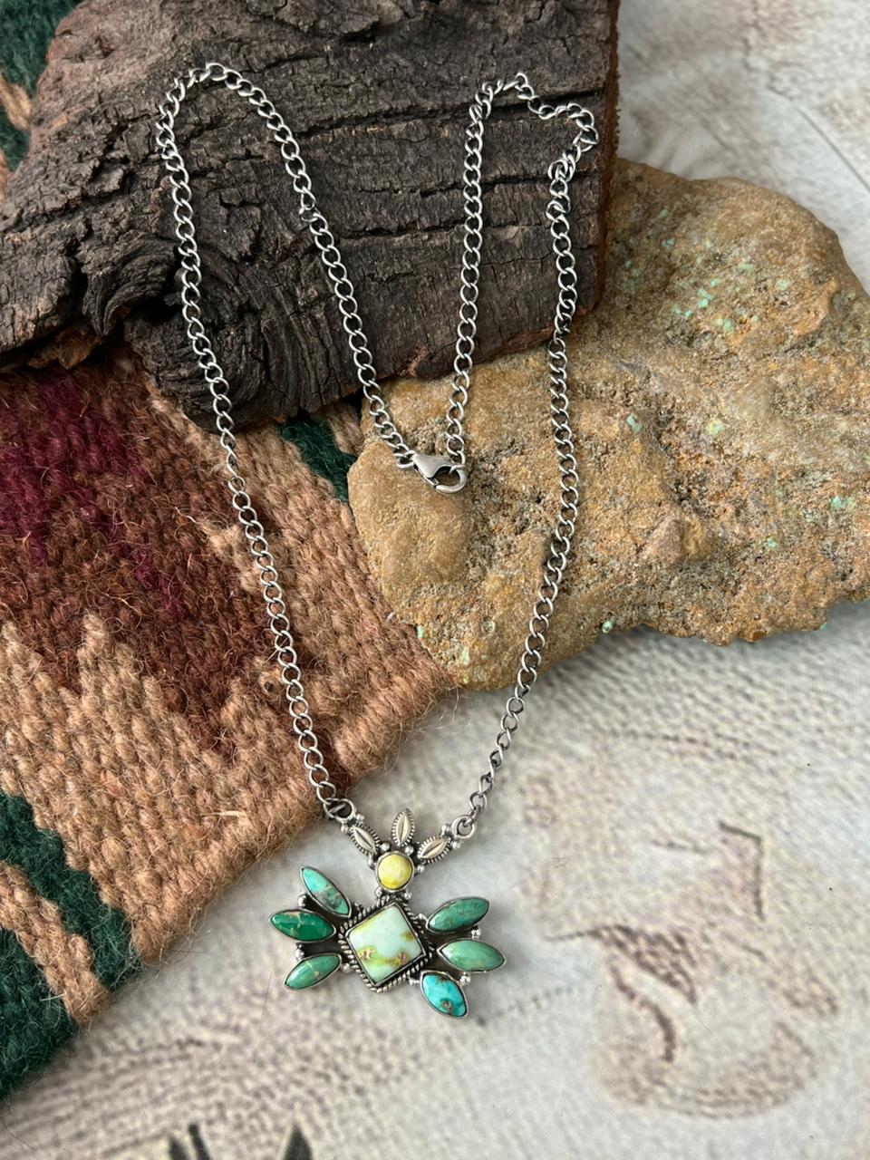 Handmade Sterling Silver Palomino with Emerald Valley Turquoise Necklace "Signed Nizhoni"