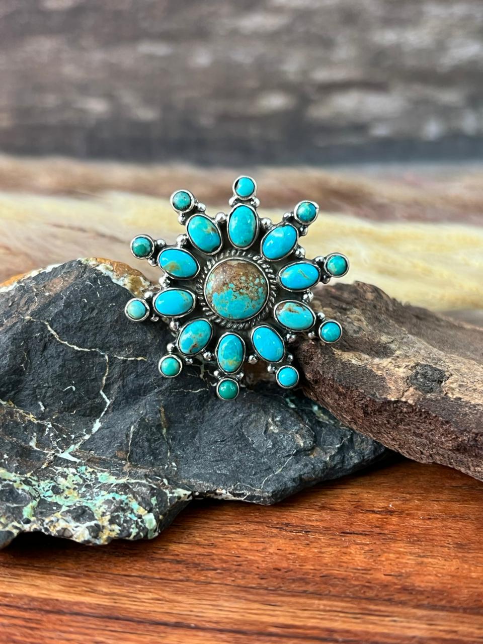 Handmade Sterling Silver Number 8 with Kingman Turquoise Adjustable Ring "Signed Nizhoni"