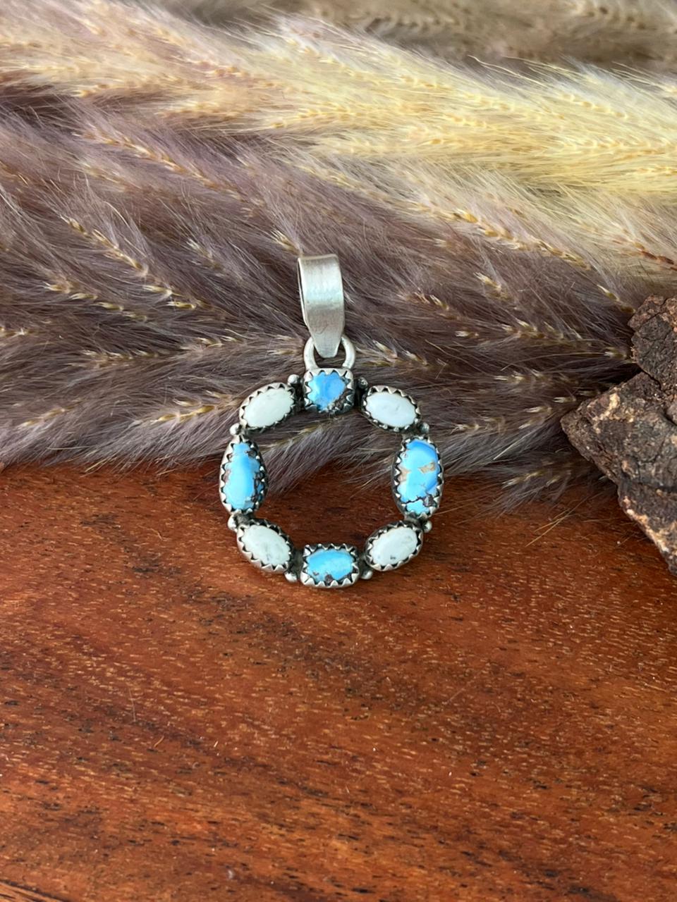 Handmade Sterling Silver Canyon Sunset Collection: Golden Hills Turquoise with White Buffalo Pendant "Signed Nizhoni" (2)