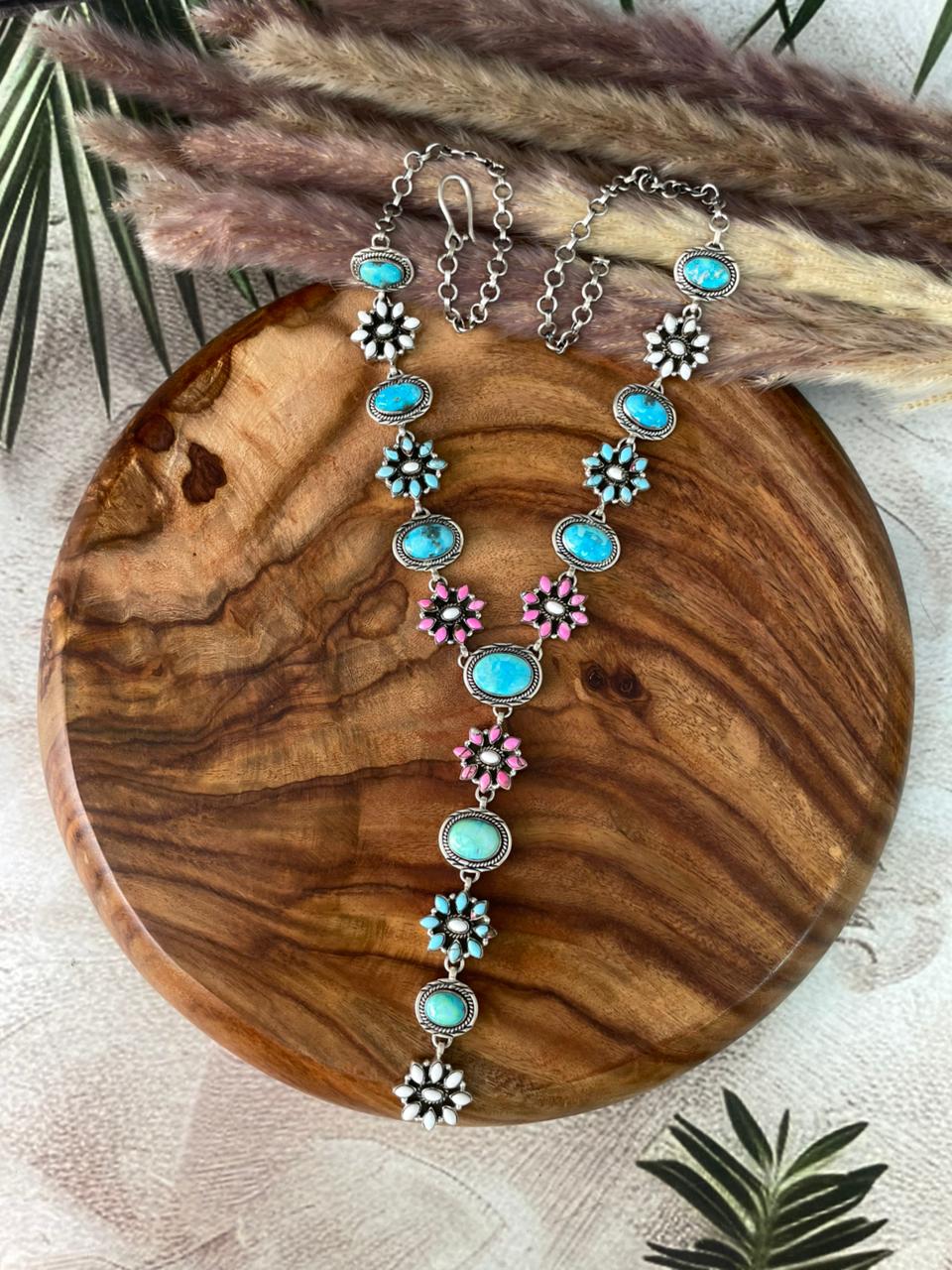 Handmade Sterling Silver Sierra Bella Turquoise with Cotton Candy Collection: 'Y Shaped' Drop Necklace "Signed Nizhoni"