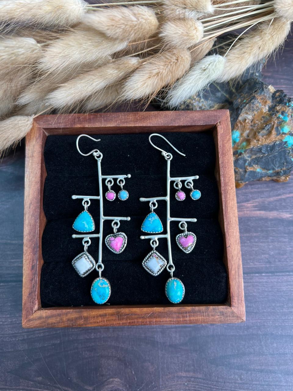 Handmade Sterling Silver Sierra Bella Turquoise with Cotton Candy Collection: Hook Dangle Earrings "Signed Nizhoni"
