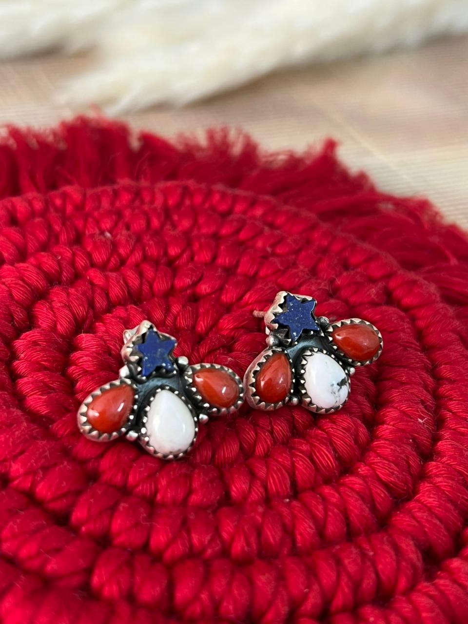 Handmade Sterling Silver 4th Of July Collection: Coral with Lapis and White Buffalo Post Studs Earrings "Signed Nizhoni"