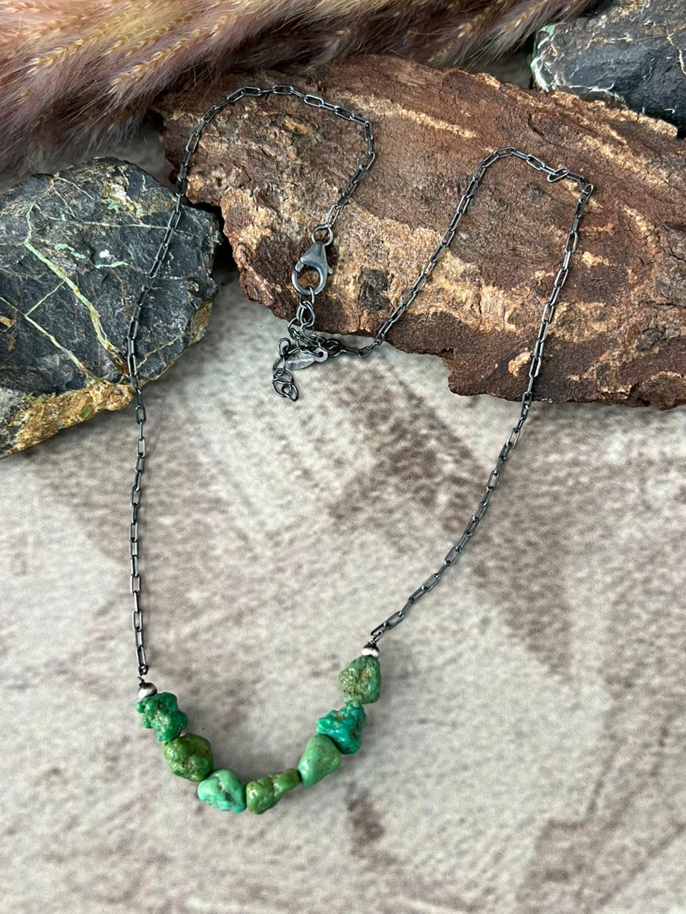 Handmade Sterling Silver Emerlad Valley Turquoise Necklace "Signed Nizhoni"