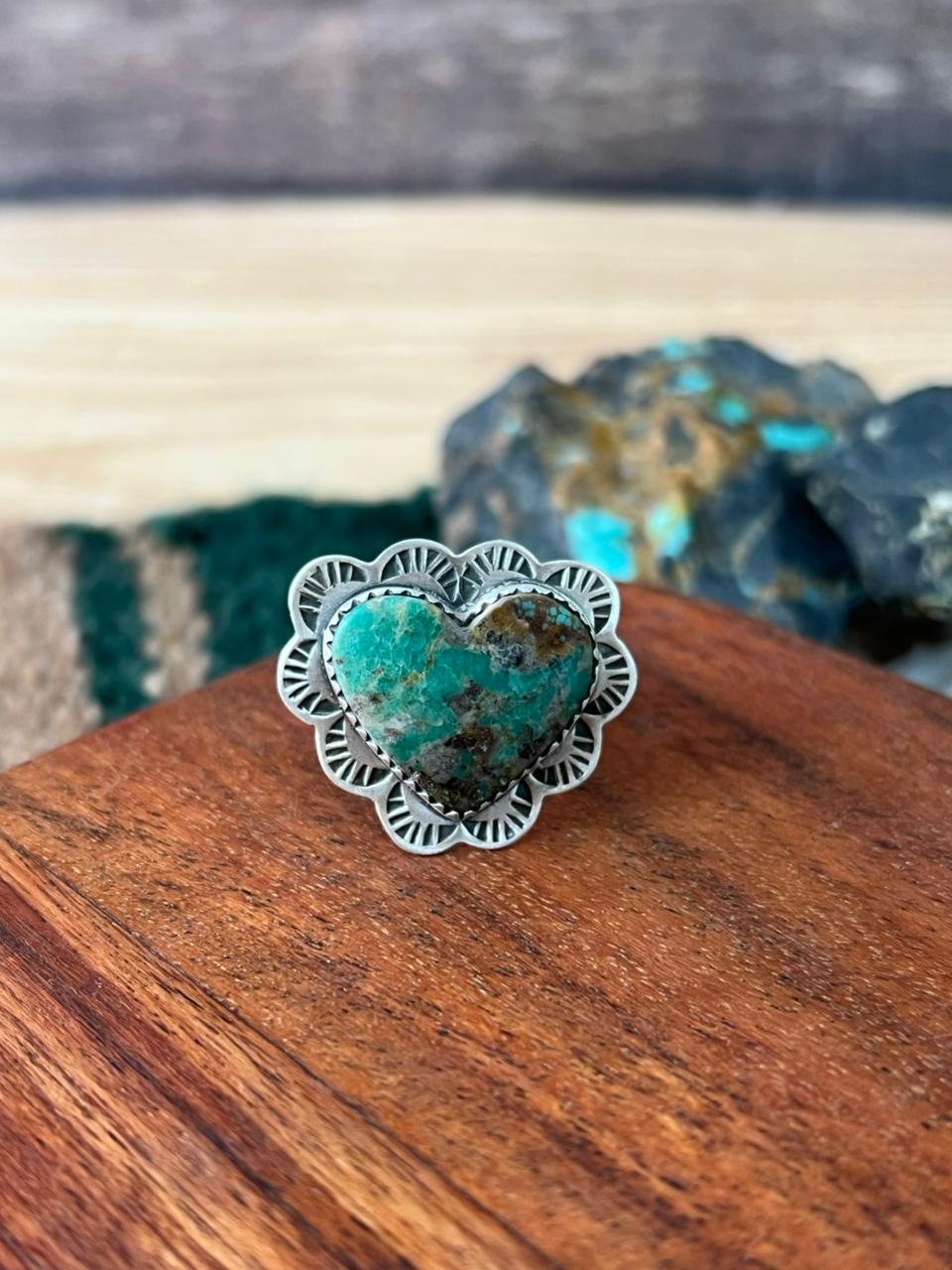 Handmade Sterling Silver Manassa Turquoise Heart Adjustable Ring "Signed Nizhoni"