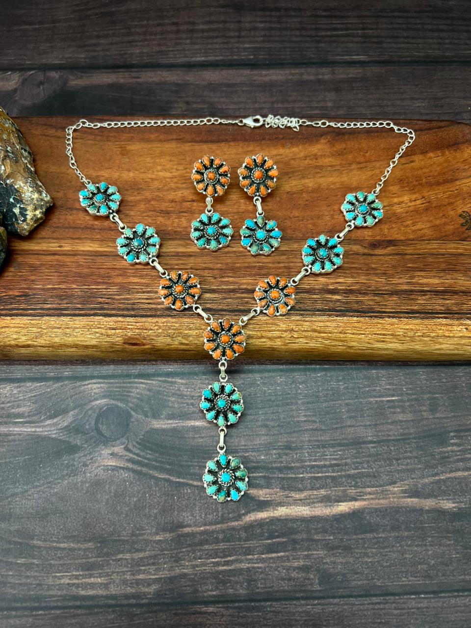 Handmade Sterling Silver Orange Mojave with Kingman Turquoise Necklace Earrings Set "Signed Nizhoni"