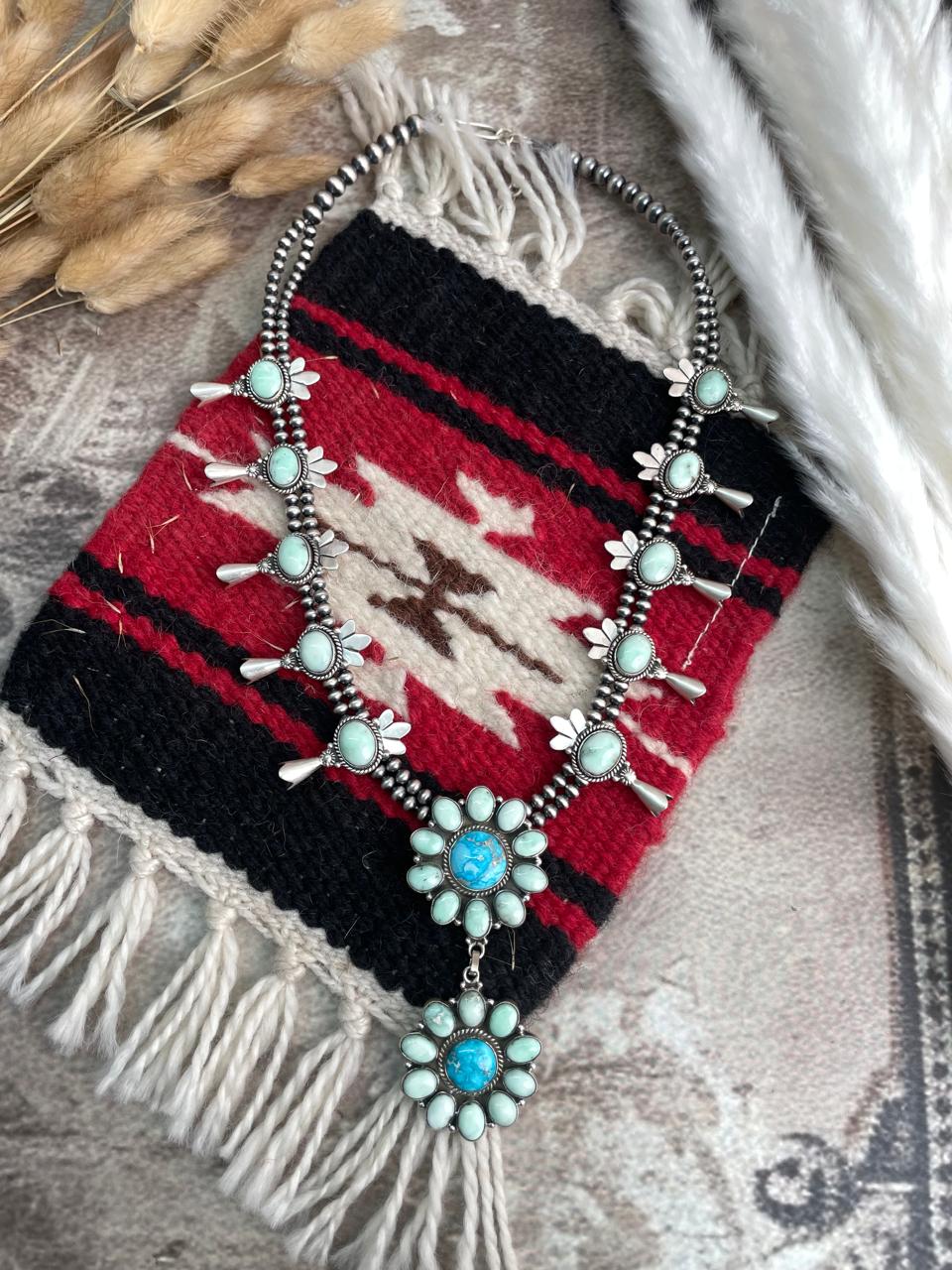 Handmade Sterling Silver Paloma with Sierra Bella Turquoise Squash Blossom Beaded Necklace "Signed Nizhoni"