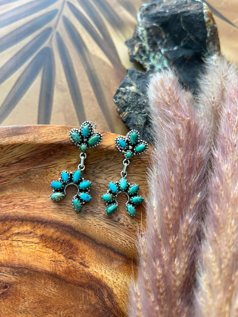 Handmade Sterling Silver Kingman Turquoise Post Dangle Naja Earrings "Signed Nizhoni"