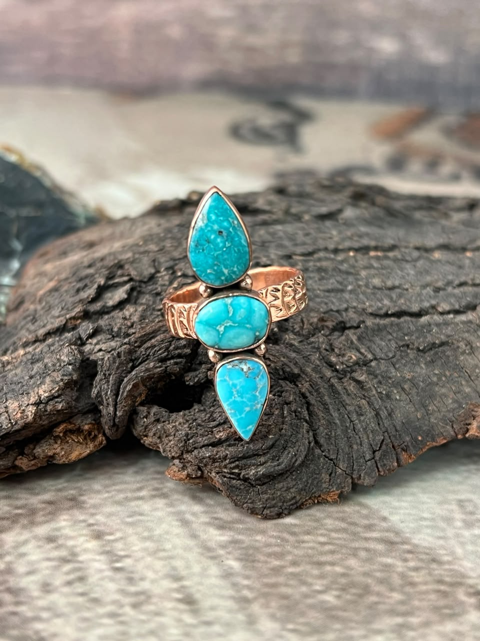 Handmade White Water Turquoise Copper Collection: Adjustable Ring Signed Nizhoni
