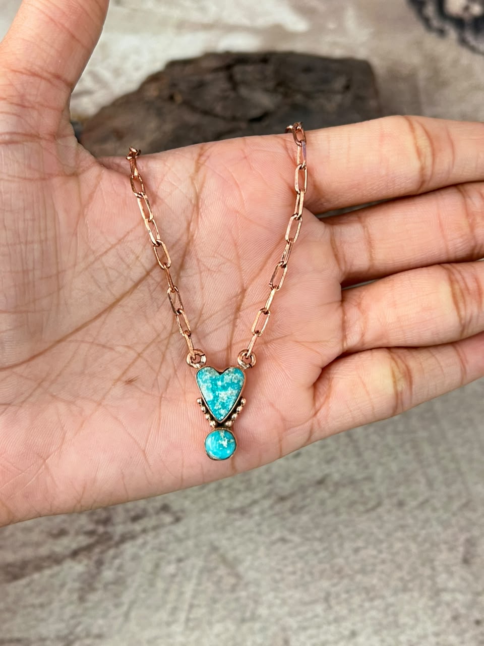 Handmade White Water Turquoise Copper Collection: Heart Necklace Signed Nizhoni