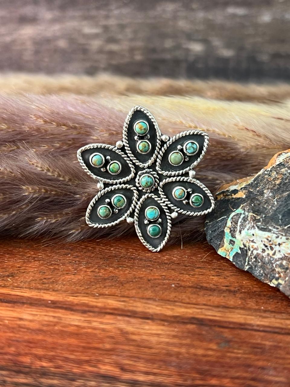 Handmade Sterling Silver Kingman Turquoise Adjustable Ring "Signed Nizhoni"