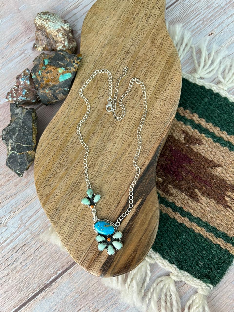 Handmade Sterling Silver Sierra Bella with Paloma Turquoise and Orange Mojave Necklace "Signed Nizhoni"
