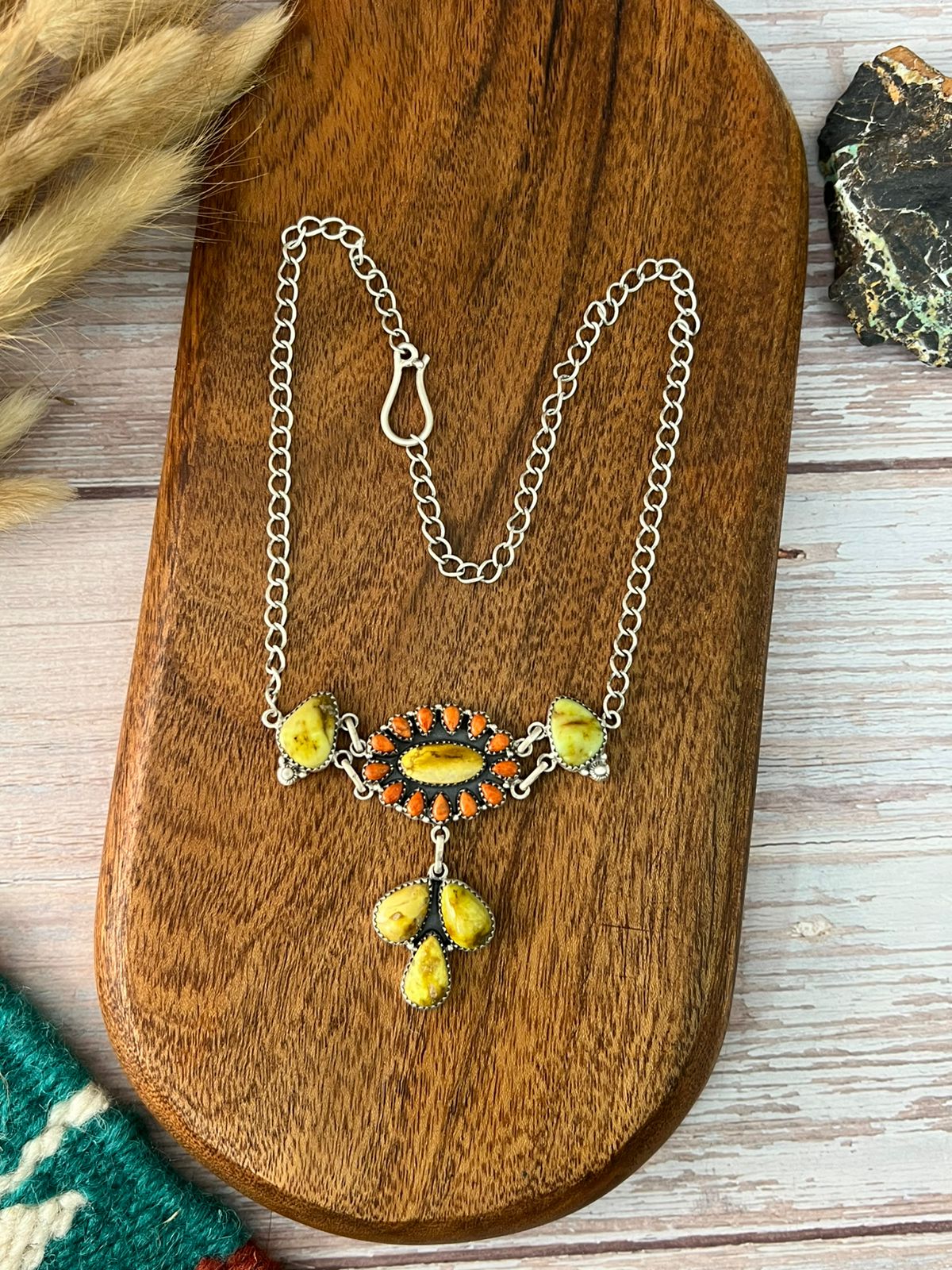 Handmade Sterling Silver Palomino Turquoise with Orange Mojave Choker Necklace "Signed Nizhoni"